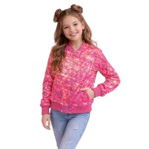 Girls Sequin Pink Shimmering Bomber Zip Kids Jacket size 10 / 12